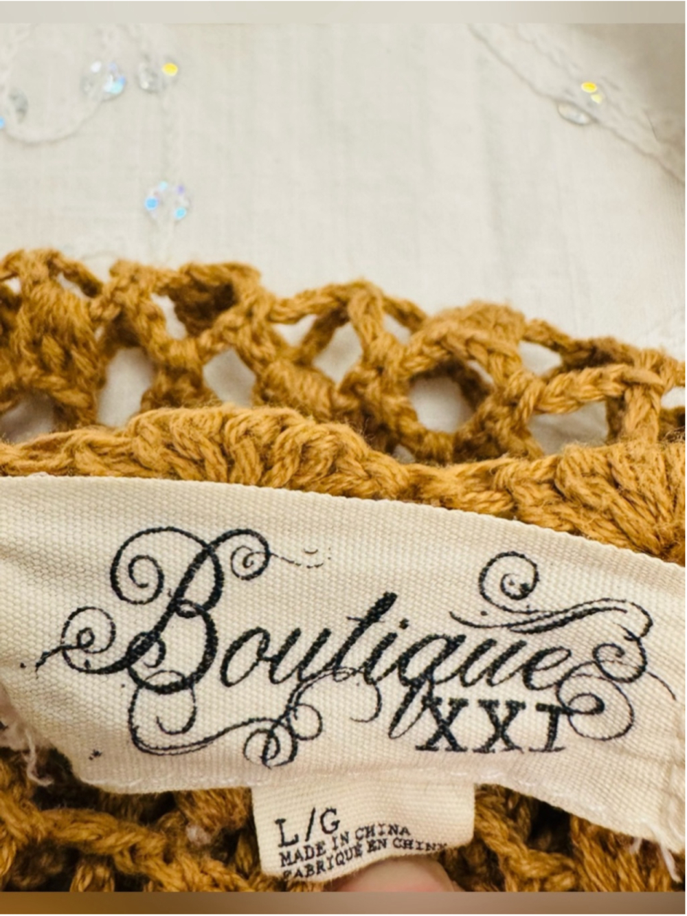 Boutique XXI Caramel Tan Crochet Maxi Duster Vest Boho Open Knit L - Picture 5 of 6
